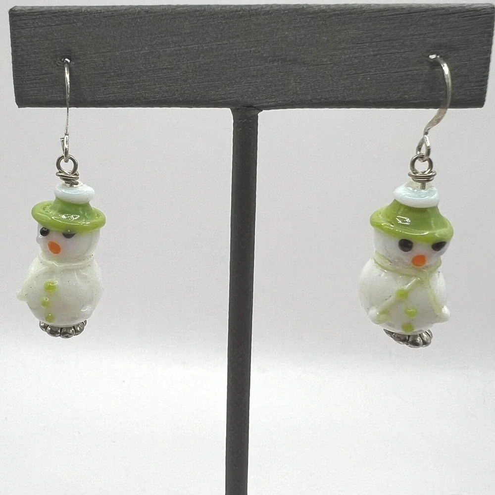 Vintage Snowman Pierced‎ Earrings White Glass and Silver Tone Winter Holiday
